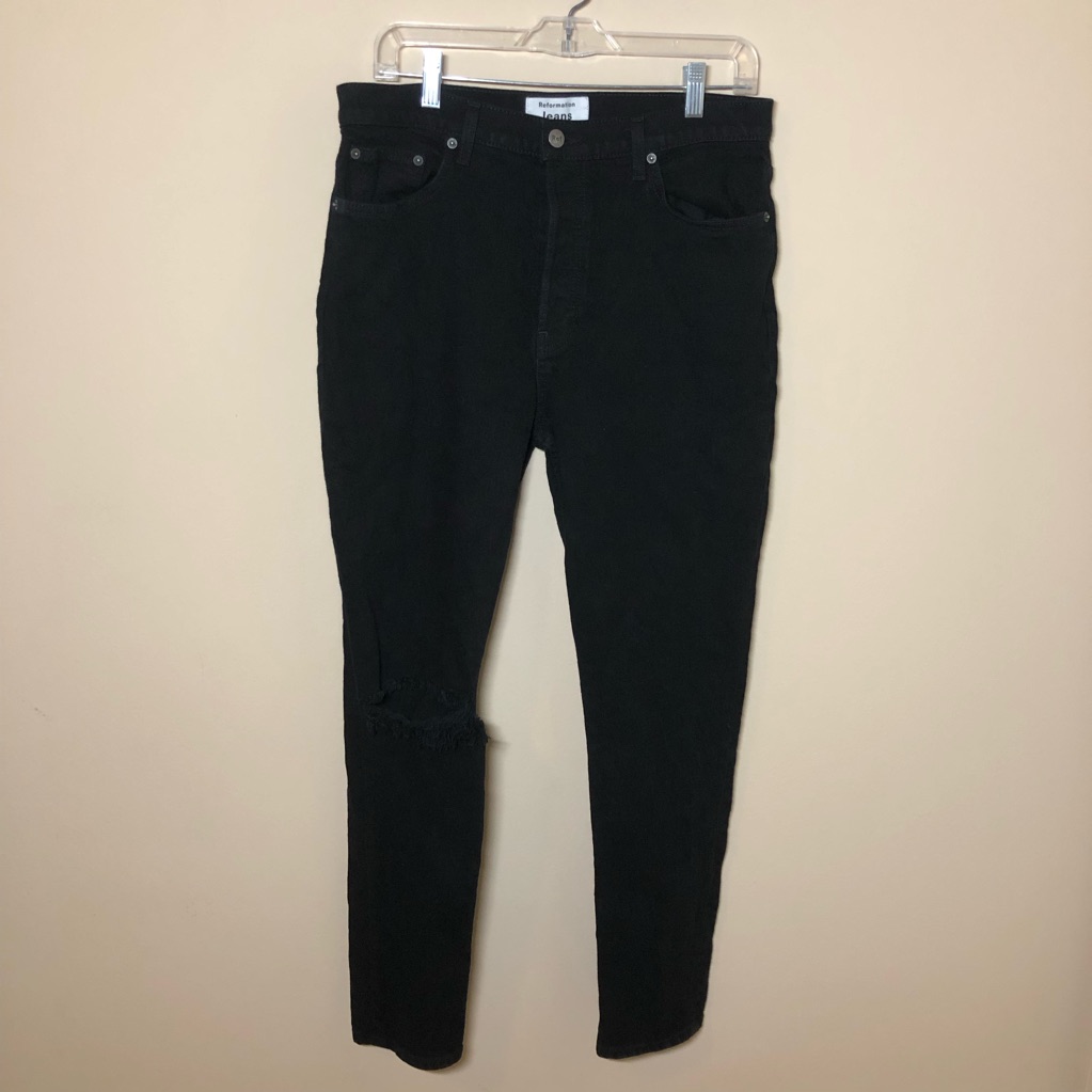 Reformation Jeans Serena High Skinny Jean Black Destroyed Denim